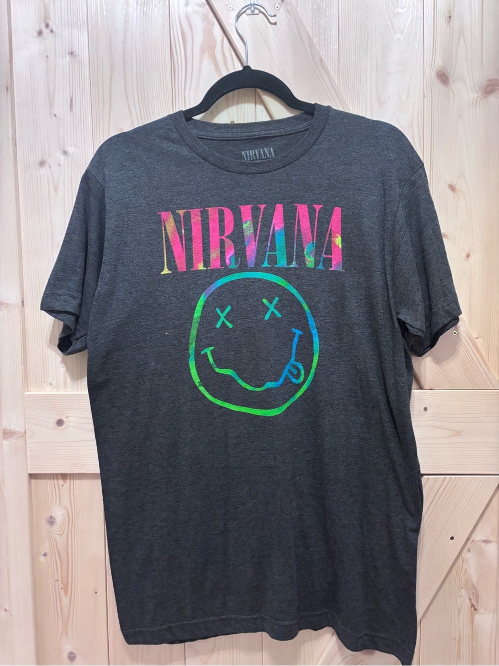 Nirvana Women’s Charcoal Graphic Tee with Rainbow Logo